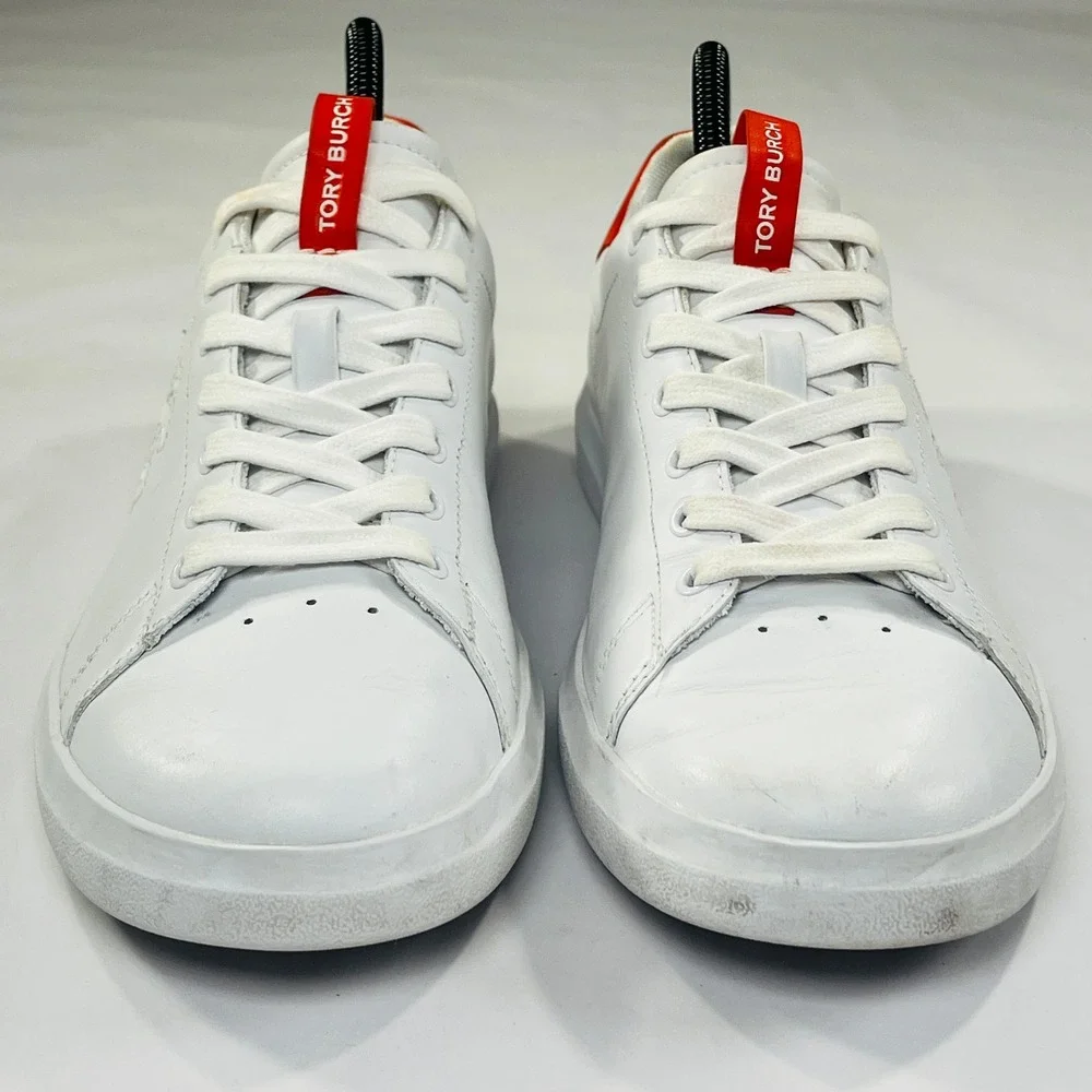 Tory Burch Double T Howell Court Sneaker Women 9 White Red Leather Designer Shoe